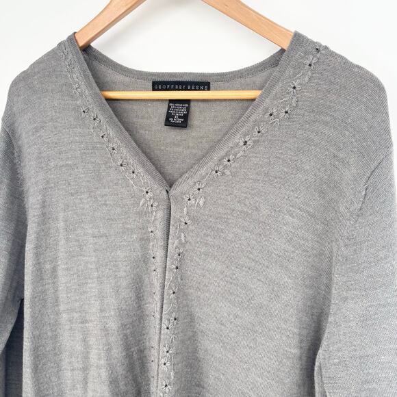 Geoffrey Beene Gray Merino Wool Cashmere Blend Floral Cardigan Sweater Size XL - Picture 2 of 6